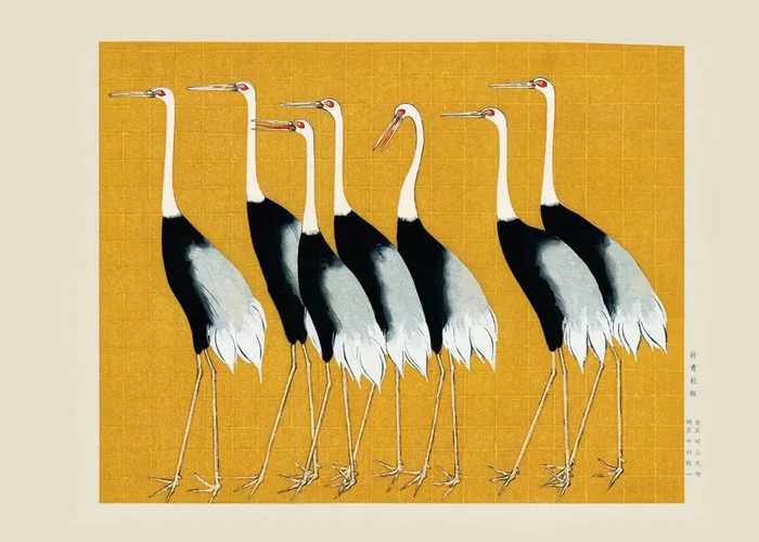 Lámina Japanese Red-Crowned Crane Vintage 40 x 50 cm Marco color roble – Hannun