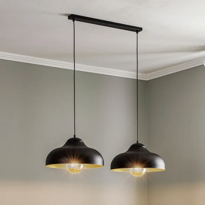 Lámpara colgante Basca, exterior negro, interior dorado, 2 luces.