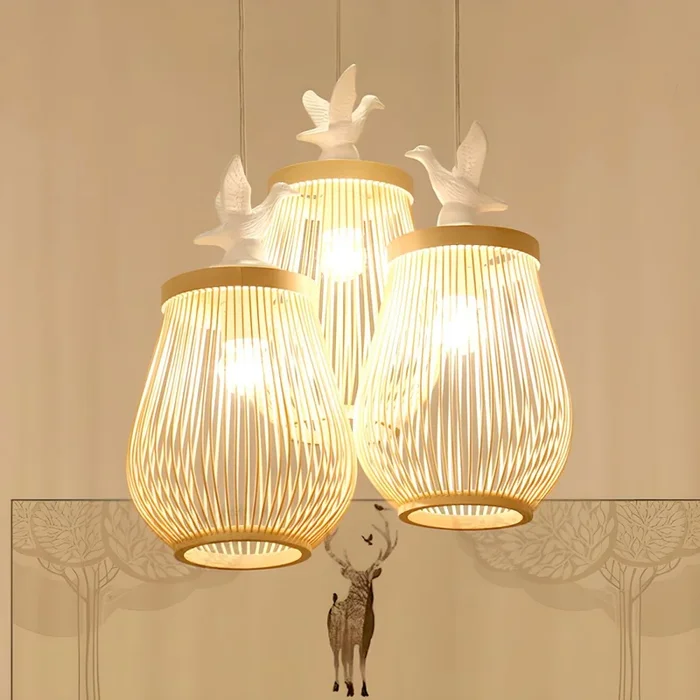 Lámpara Colgante con Pantalla de Ratán de Bambú, Lámpara de Techo Estilo Asiático con Decoración de Pájaro para Sala de Estar Comedor