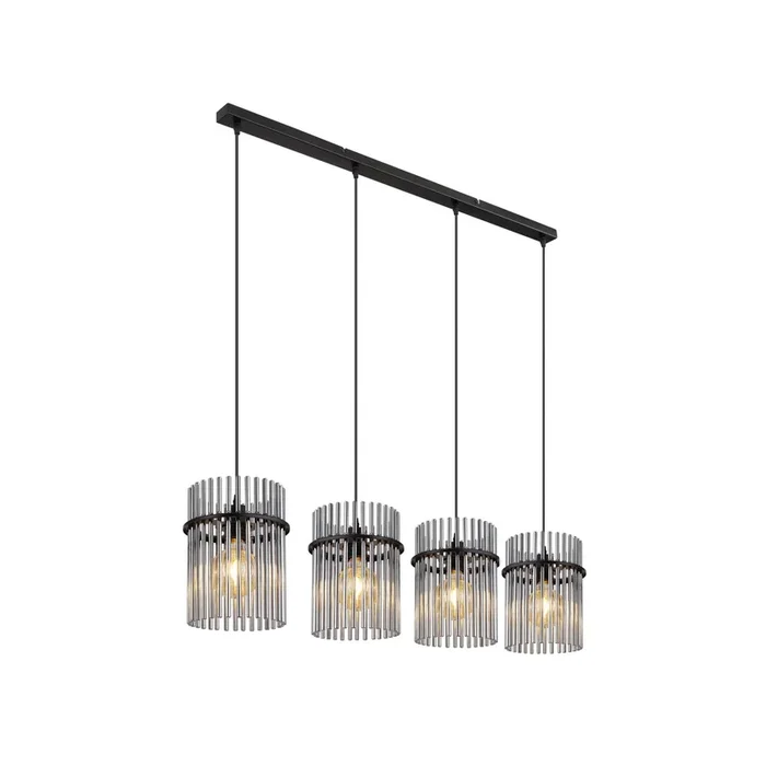 Lámpara colgante Gorley, longitud 110 cm, gris humo, 4 luces, cristal