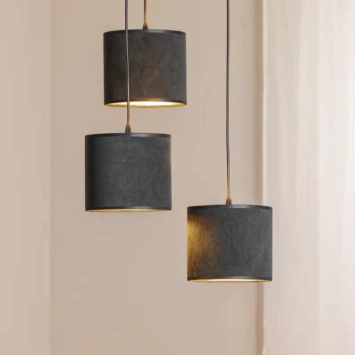 Lámpara colgante Jari pantalla de tela 3 luces redonda negro-dorado