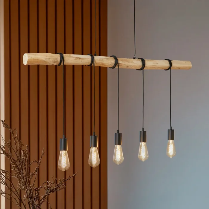 Lámpara colgante Lindby Rom, 5 luces, madera, cuerda, negro, 116 cm