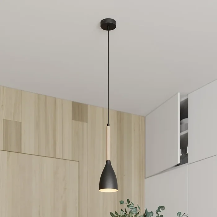 Lámpara colgante Muza, negro/madera clara, Ø 11 cm