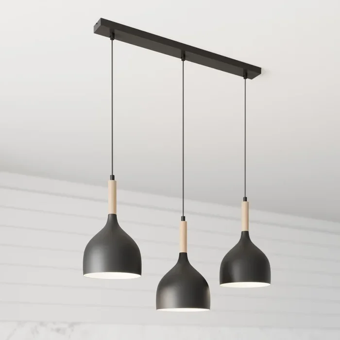 Lámpara colgante Noak de 3 luces, larga, negra/madera natural