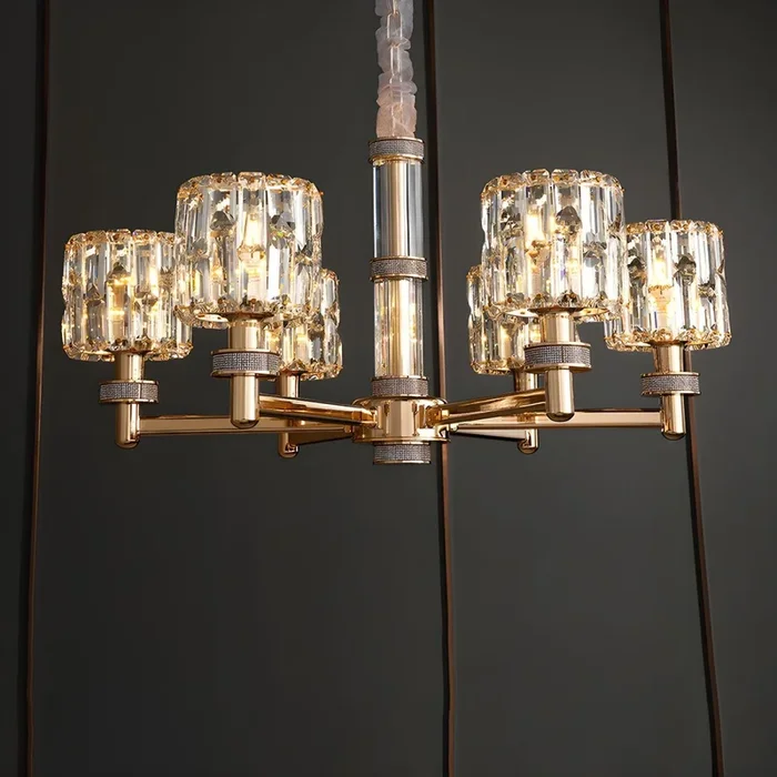 Lámpara de Araña Contemporánea con Sombra Cilíndrica de Cristal Claro Luz Suspendida Metálica en Dorado – 110 A 120 V 6 Dorado