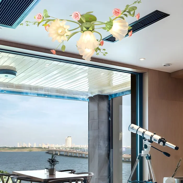 Lámpara de techo blanca/verde de metal con 4 bombillas, con forma de flor pastoral semi empotrada, para dormitorio