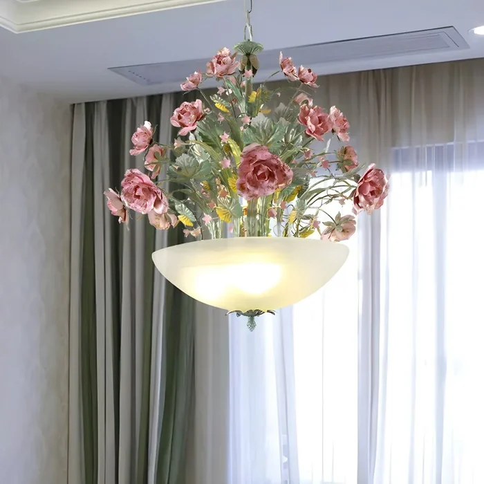 Lámpara de techo de metal con cuenco, estilo romántico y pastoral, con 5 bombillas, ideal para el comedor, en color verde con rosa