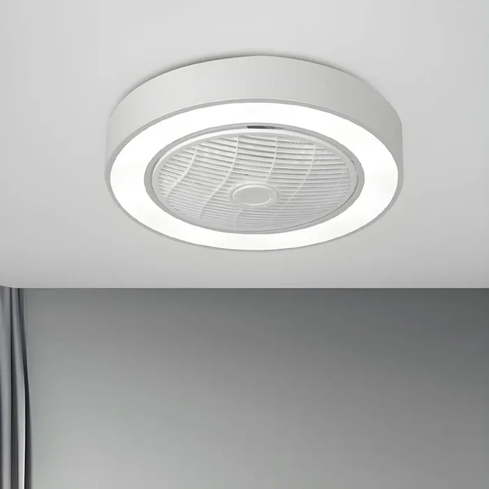 Lámpara LED moderna de techo semicircular con ventilador y 3 aspas transparentes en blanco, de 21.5″ de ancho