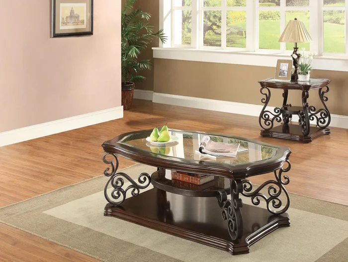 Laney Dark Merlot 2-Piece Glass Top Coffee and End Table Set
