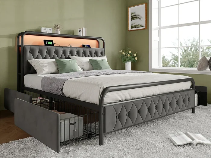 Lit 140x200cm con cajones + LED + Puertos de carga – tapizado en terciopelo – con somier de metal – Gris