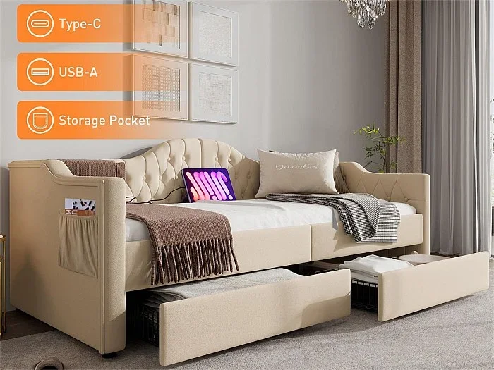 Lit avec tiroirs 90x200cm tapizado en terciopelo – con función de carga y somier de láminas – Beige (colchón no incluido)