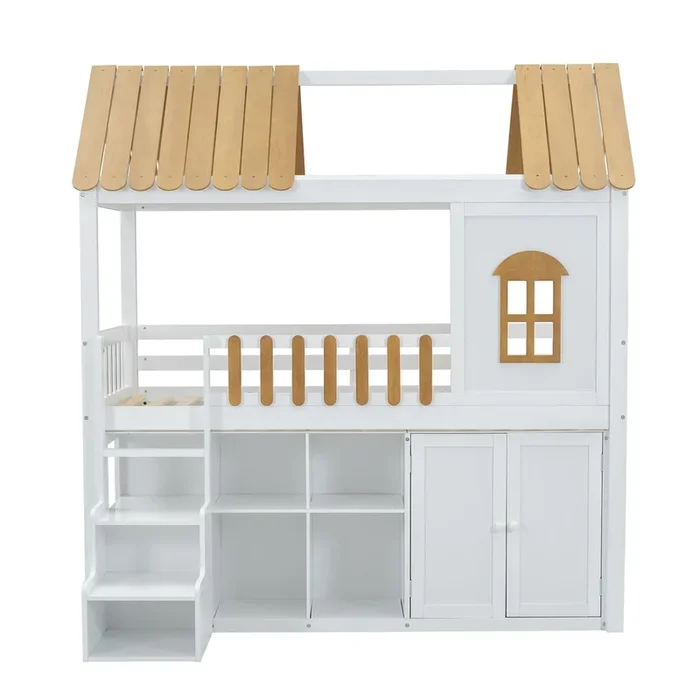 Litera 90×200 cm – de madera de pino – con estantes, armario y escalera almacenaje – Blanco y Natural