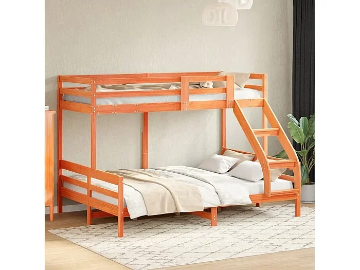 Litera de madera maciza de pino marrón cera 90×200/140×200 cm