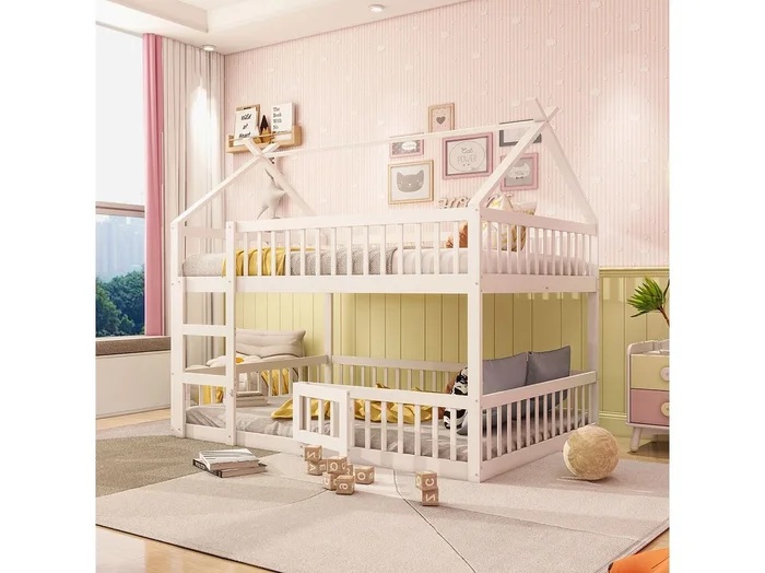 Litera familiar de 140×200 cm en madera maciza con escalera – Diseño loft para niños, color blanco