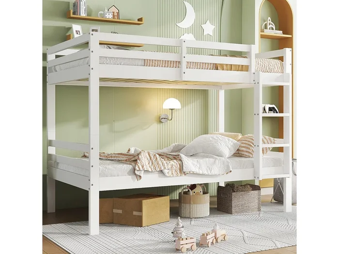 Litera infantil, con escalera de esquina, protección anticaída, 2 camas individuales, estructura de pino, color blanco.