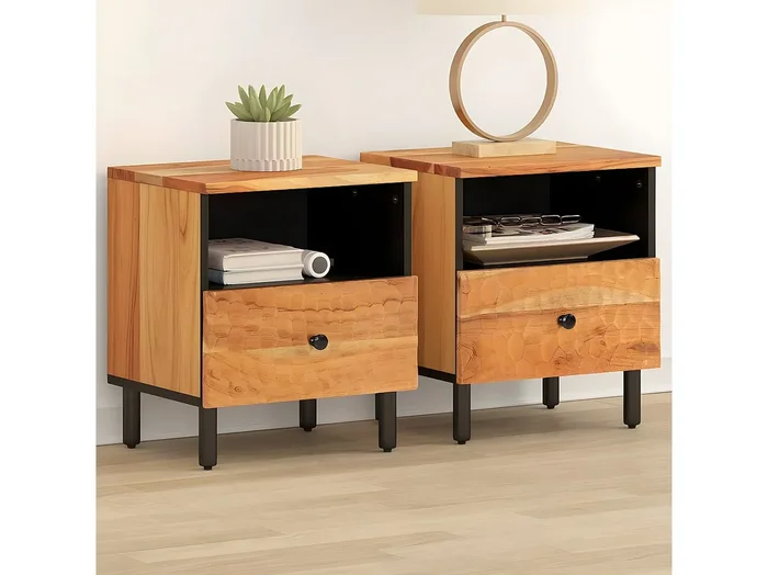 Lote de 2 Mesitas de noche madera maciza de acacia 40x33x46 cm ES70390