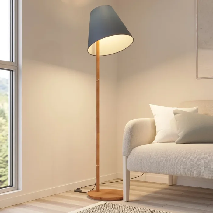 Lucande Lámpara de pie Jinda, azul, madera, tela, 160 cm, E27