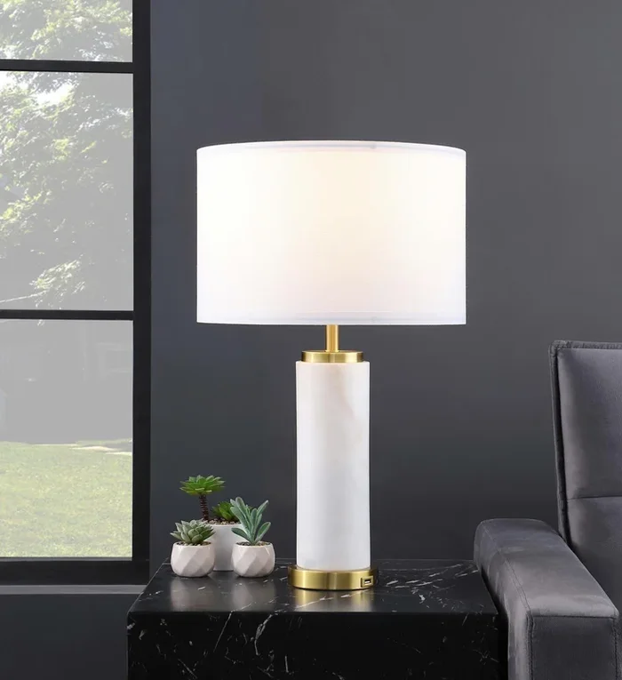 Lucius White and Gold Drum Shade Bedside Table Lamp