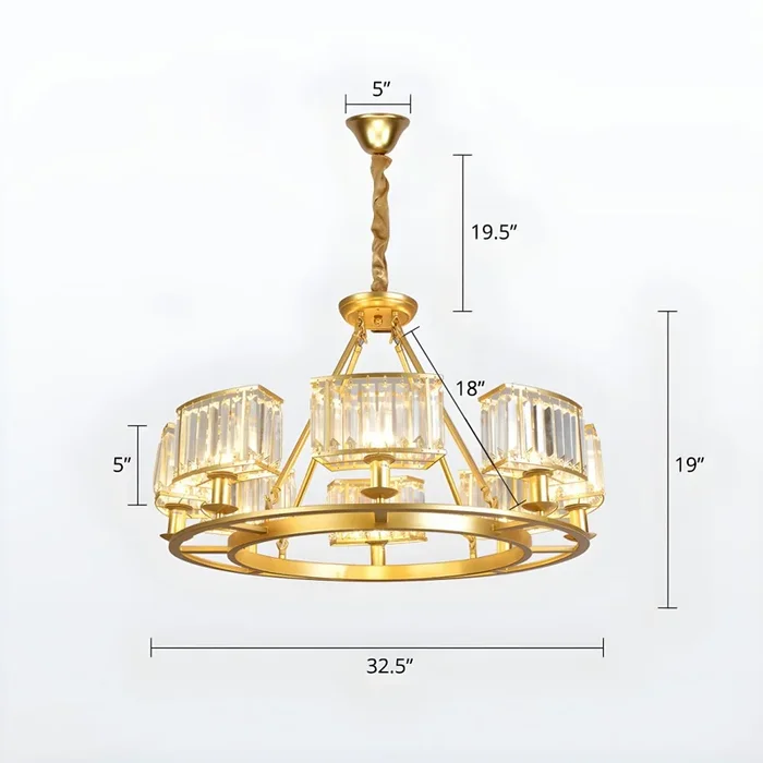 Luminaria de Araña Dorada Contemporánea Iluminación Pendiente Metálica Cónica con Pantalla Rectangular de Cristal Claro – 110 A 120 V 8 Dorado