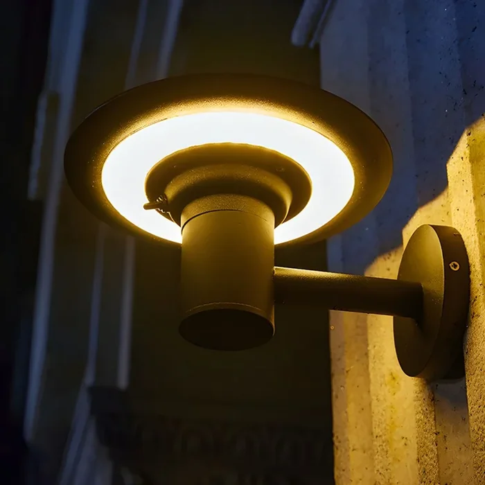 Luz de Pared de Solar Metálica en Negro LED Iluminación de Pared Circular Moderna para Exterior