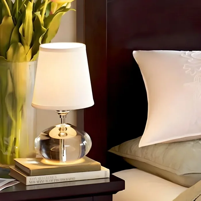 Luz para Lectura con Base de Cristal Elíptico Estilo Moderno Luces de Escritorio con Pantalla de Tela Gris para Dormitorio