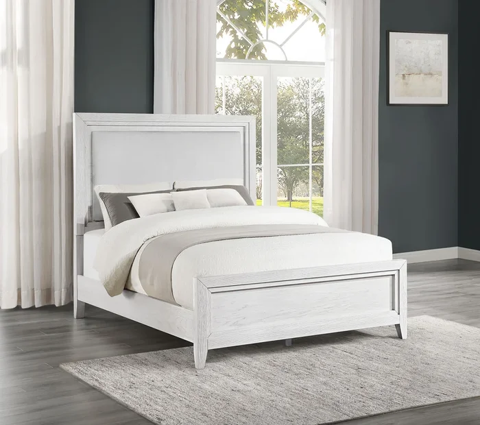 Marielle Distressed White Queen Upholstered LED Panel Bed