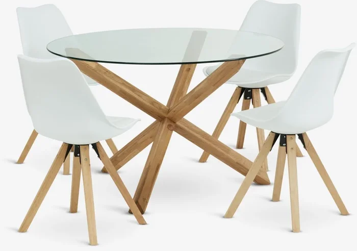 Mesa AGERBY Ø119 roble + 4 sillas BLOKHUS blanco