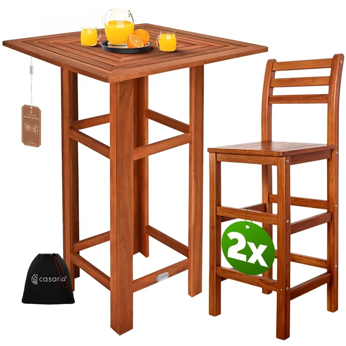 Mesa alta con taburete de bar juego 3 piezas madera de acacia