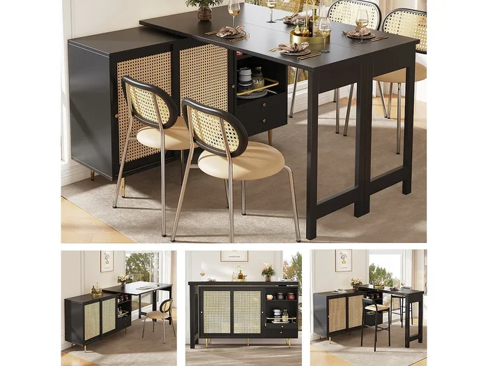 Mesa alta MDF 107x40x71,4cm Negro Almacenamiento Ratán Extensible Cocina Comedor