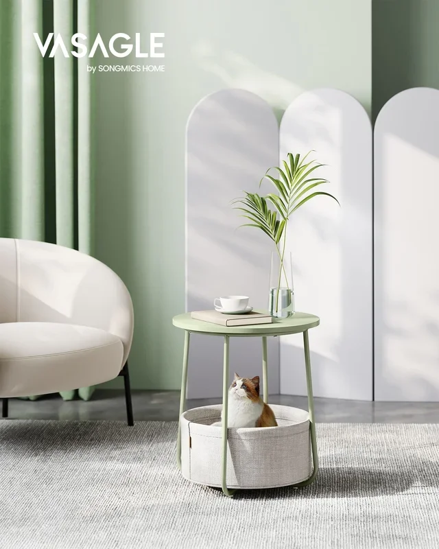 Mesa Auxiliar, Mesa Lateral Redonda con Cesta de Tela, Espaciosa, para Salón, Dormitorio, Mesita de Noche, Estilo Moderno, Verde Laurel y Blanco Crema-VASAGLE