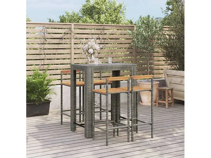 Mesa bar y taburetes jardín 5 pzas madera acacia ratán PE gris ES391292