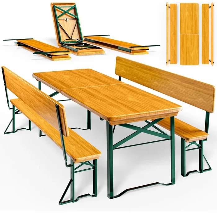 Mesa con bancos de madera 170x70x76cm plegables con respaldo