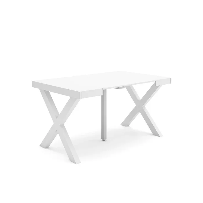 Mesa Consola extensible, Mesa comedor plegable, 140, Para 6 comensales, Patas madera maciza, Estilo Moderno, Blanco
