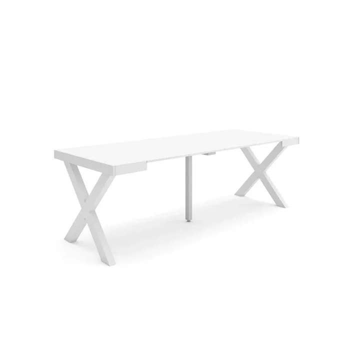 Mesa Consola extensible, Mesa comedor plegable, 220, Para 10 comensales, Patas madera maciza, Estilo Moderno, Blanco