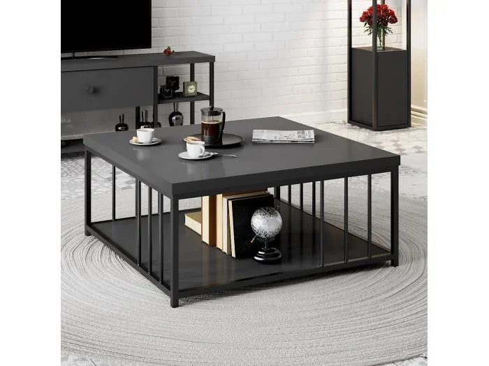 Mesa de café Kailua Z108, Antracita Negro, 40x90x90cm, Aglomerado laminado, Angular