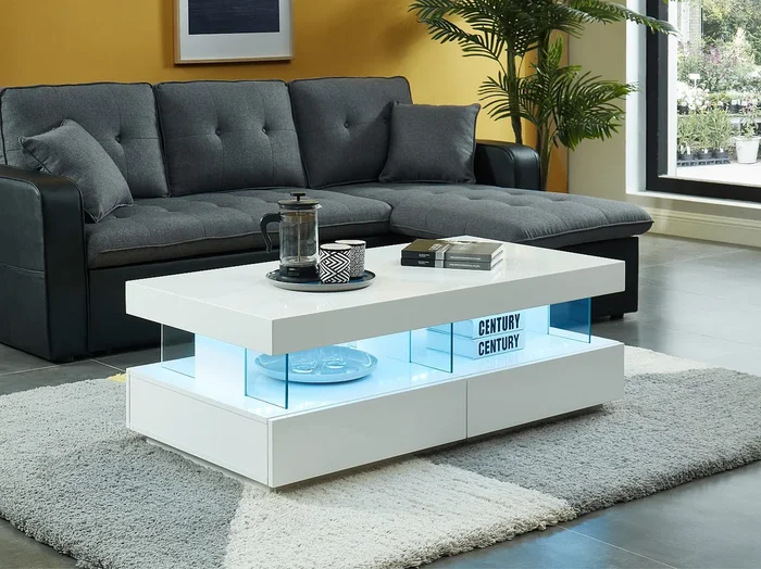Mesa de centro 2 cajones y 2 estantes con LEDs – MDF y vidrio templado blanco lacado – FABIO II