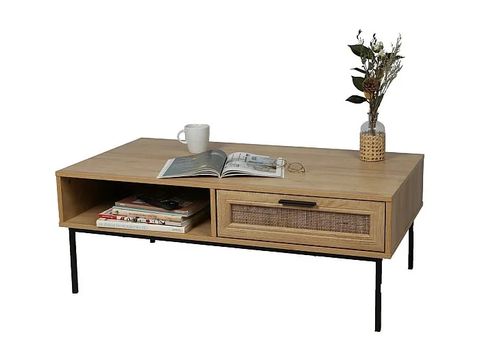 Mesa de centro rústica – Cajón efecto yute y nicho, 110x60xH42 cm, color roble claro – Colección SAVORY