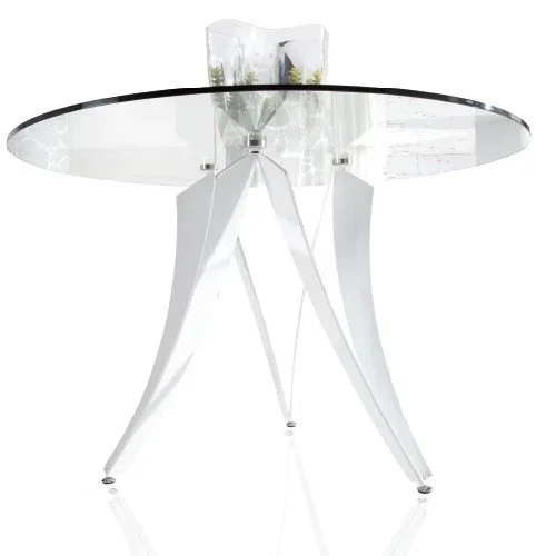 Mesa de Comedor Circular – Modelo TESLA – Cristal Transparente – Estructura Metal Blanco Brillo MEDIDAS Ø 120 X 76H CM