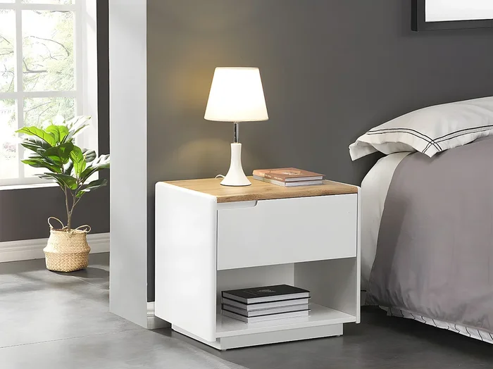Mesa de noche 1 cajón y 1 estante – MDF – Blanco lacado y roble – AMANI