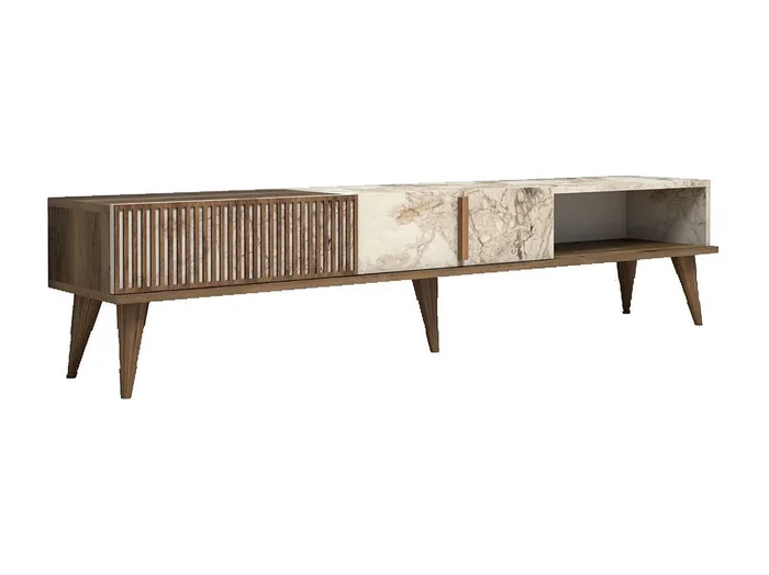 Mesa de tv Kailua B102, Nuez Mármol blanco, Número de puertas 2.00, 180x40x35cm