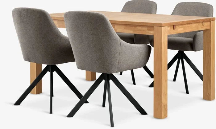 Mesa HAGE L150 roble + 4 sillas ROSTRUP arena/negro
