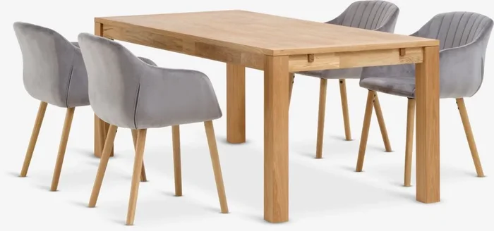 Mesa HAGE L190 roble + 4 sillas ADSLEV terciopelo gris
