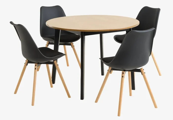 Mesa JEGIND Ø105 roble + 4 sillas KASTRUP negro