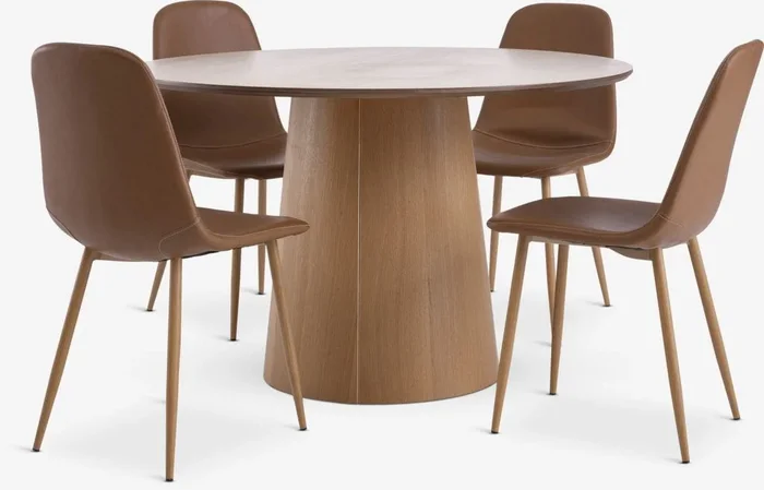 Mesa KLIPLEV Ø120 roble + 4 sillas JONSTRUP marrón/roble
