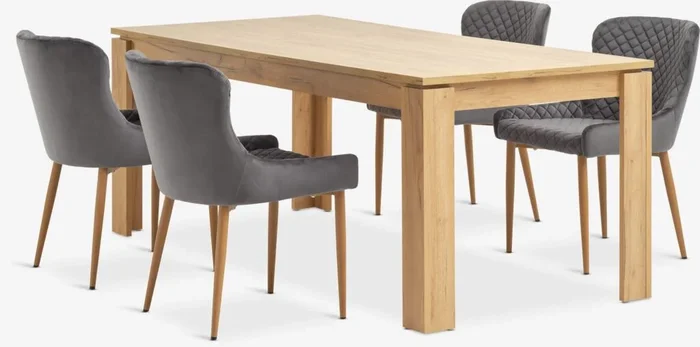 Mesa LINTRUP L190/280 roble + 4 sillas PEBRINGE gris