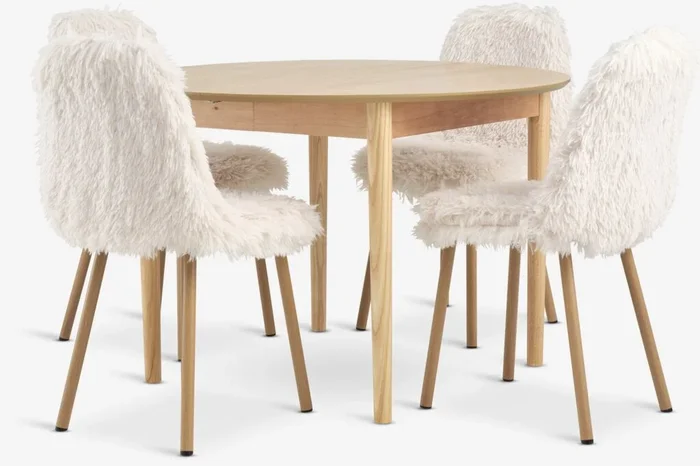 Mesa MARSTRAND Ø110 roble + 4 JONSTRUP felpa blanco crudo