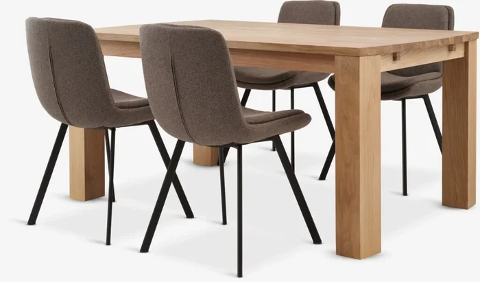 Mesa OLDE L160 roble + 4 sillas MELBY marrón claro/negro