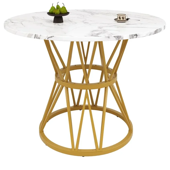 Mesa redonda 100×100 cm – Mesa de cocina, mesa de café para 4 personas, patas de metal, tablero MDF con acabado mármol – Oro