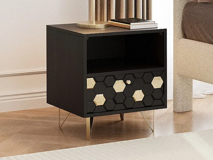 Mesita de noche 1 cajón y 1 estante – Madera de mango y metal – Negro y dorado – BELORI