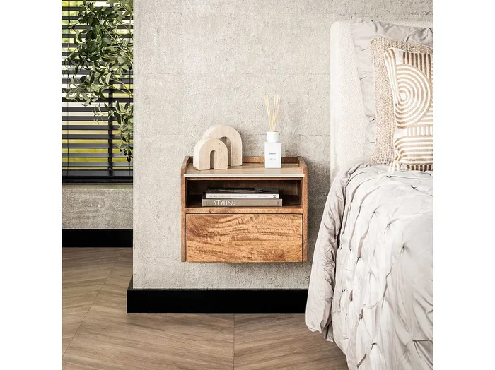 Mesita de noche colgante abierta de travertino Nuovo – Mango sólido color arena
